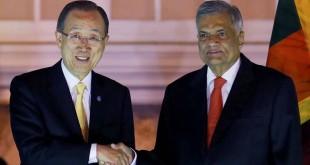 Secretary-General of the United Nations Ban Ki-moon shakes hands with Sri Lanka's PM Ranil Wickremesinghe at their meeting during Ban's three-day official visit in Colombo